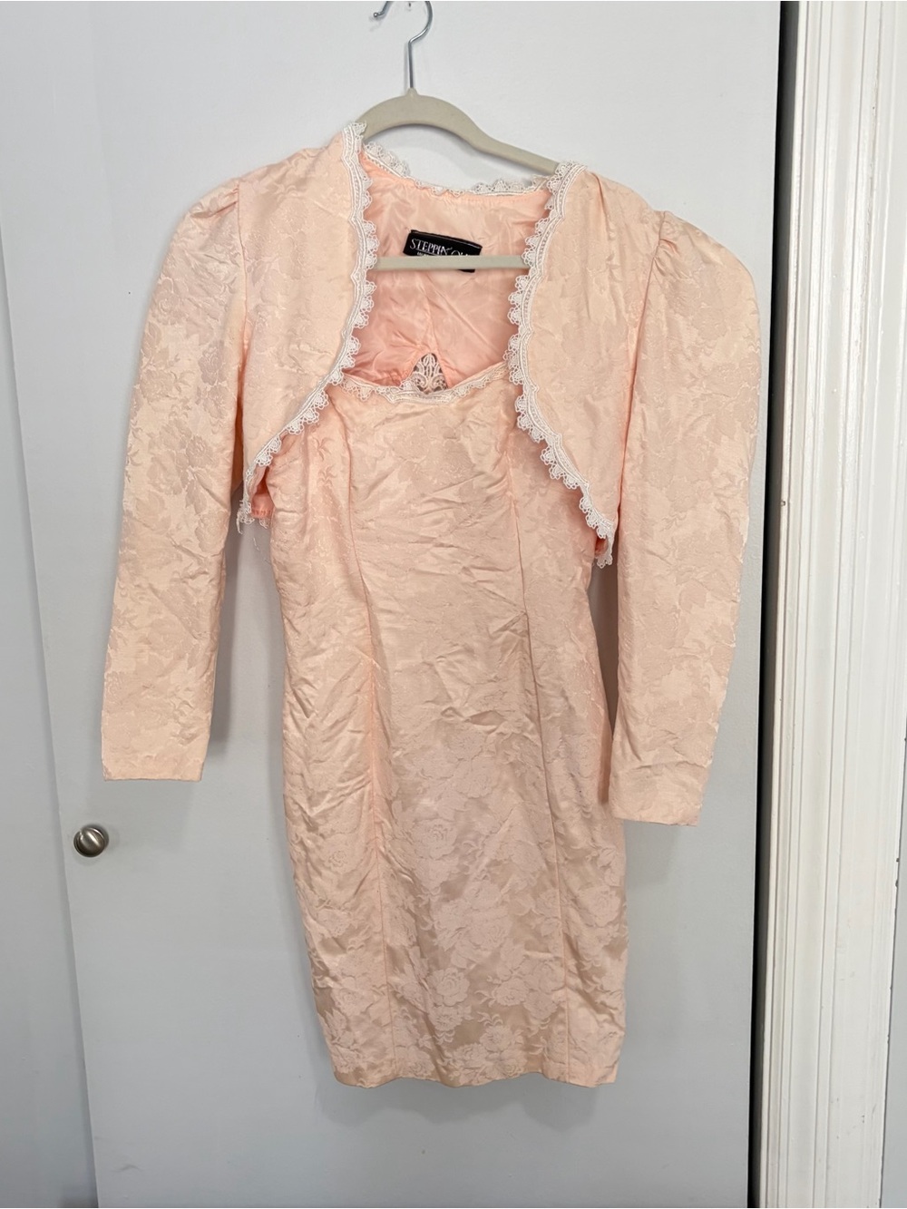 Vintage 80s 90s Steppin Out Floral Lace Slip Dress With Jacket Set Pink Prom S